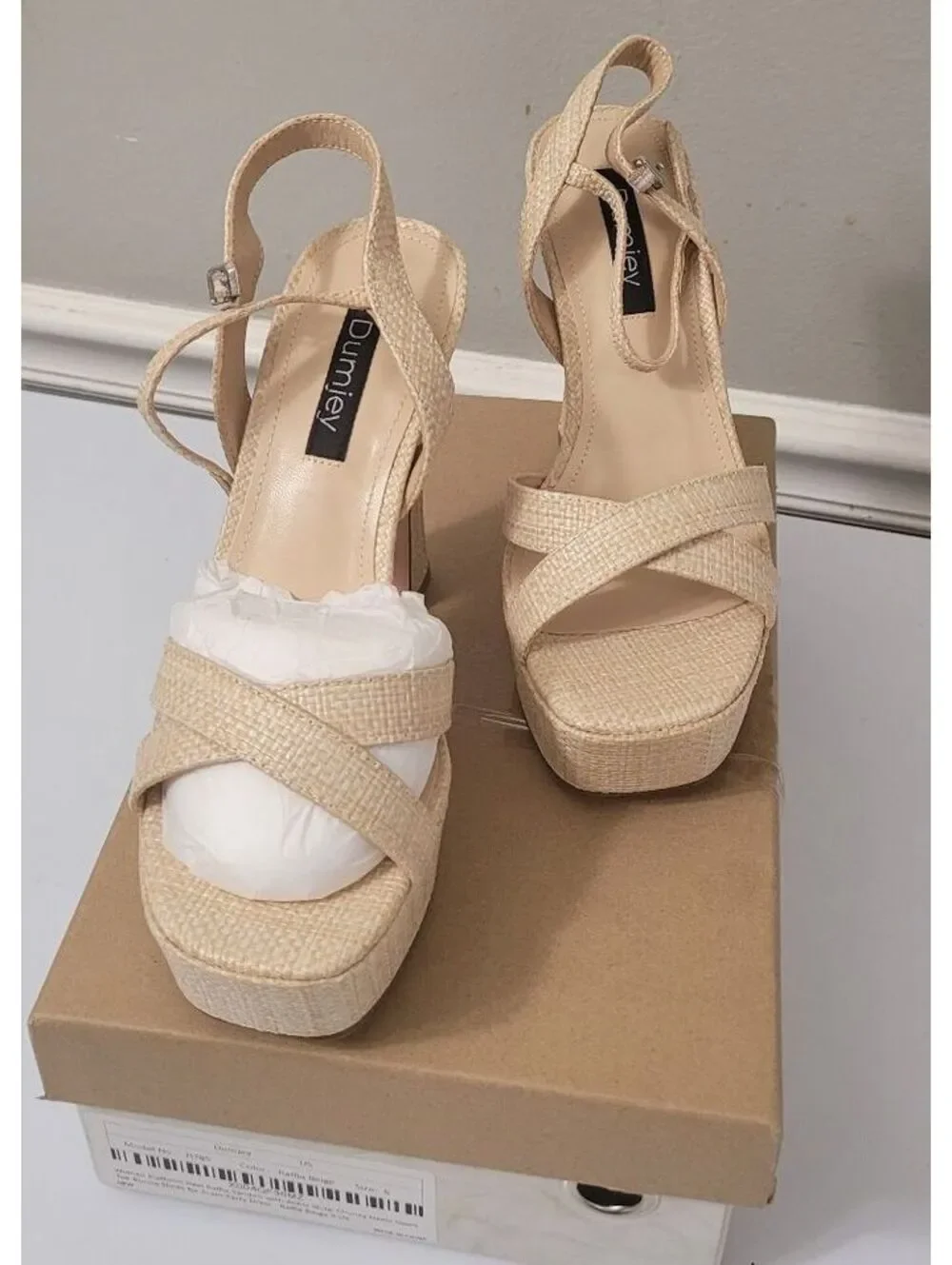 Dumley Women's Raffia Beige Platform Chunky Heel Sandals Fashion Shoes Size 6